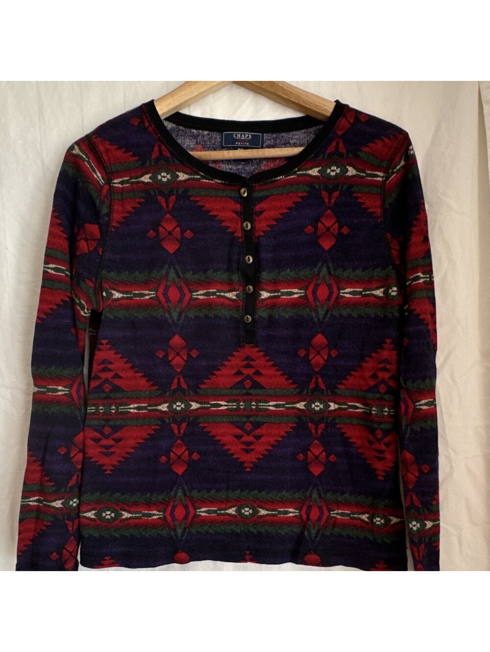 Chaps Aztec Print Henley Women's Petite xL Red Purple long Sleeve Waffle Knit